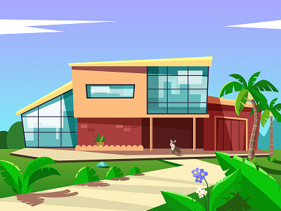 Outdoor villa scene flat illustration scene vector villa