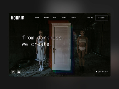 HORRID Magazine Website art dark dark mode dark ui interactions ui uiux webflow website website design websites