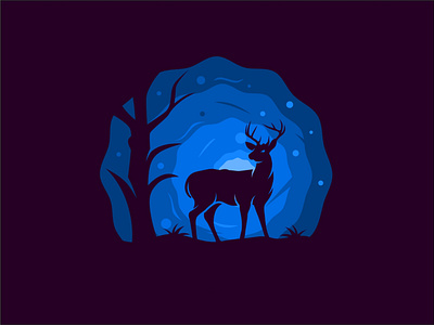 Deer silhouette standing beside tree with blue moon background