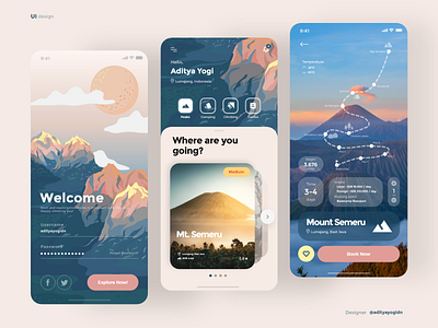 Mobile Travel App - Mountaineer adobexd app backpacker color creative design designs gunung illustration mobile mobile ui mountain mountain app semeru travel app traveling ui uidesign uiux