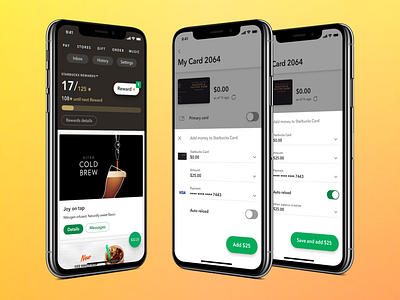 Redesigned feed cards and Add money bottom sheets app ios starbucks ux