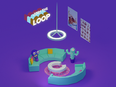 "Join the Loop" Sample App Intro Screen 3d animation bulb cactus circular couch illustration loop mobile mobile app neon neon light