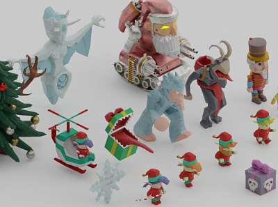 Terraria's Frost Moon Characters 3D Modelled 3d animation christmas christmas tree elf frost game gift gingerbread man helicopter ice queen krampus low poly mimic nutcracker present santa terarria tree yeti