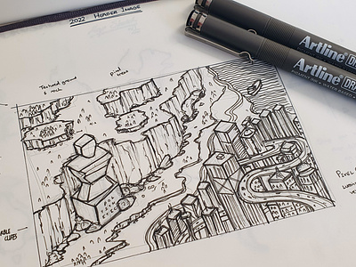 Sketch for 2022 Header Image city cliffs design draft forest illustration nature sketch statue wip work in progress