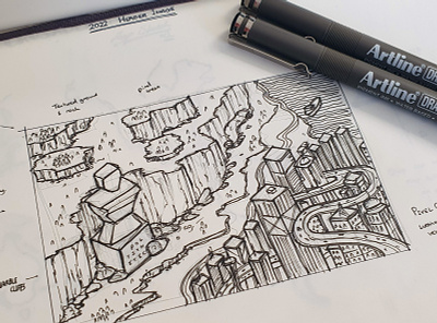 Sketch for 2022 Header Image city cliffs design draft forest illustration nature sketch statue wip work in progress