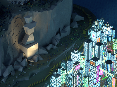 Polytropolis - 2021-22 Polysthetic Header Image 3d animation art city cyberpunk game lights low poly night pixel statue