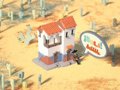 Armando Says "Hola!" - Still Shot with Brighter Render 3d cactus character desert guitar house isometric mexican