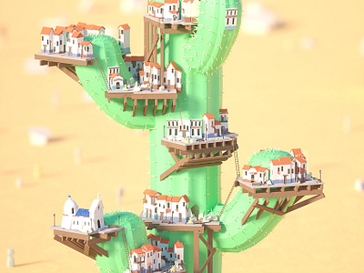 Mexican Village on a Giant Cactus 3d aztec cactus houses mexican mexico scene town village