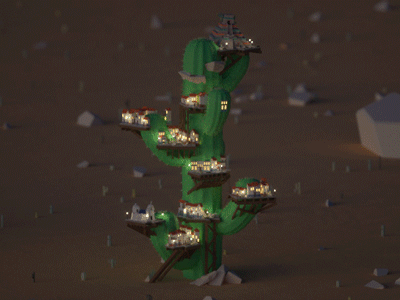 Mexican Village on a Giant Cactus - Night Animation