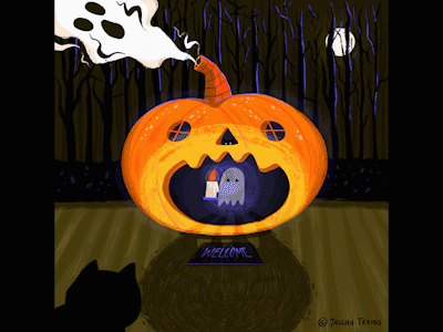 C'mon in to my pumpkin! 🎃 2danimation animation dribbbleweeklywarmup ghost illustration motiongraphics pumpkin spooky webdesign