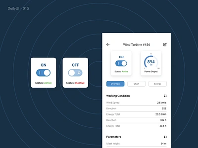 Daily UI - 015: On/Off Switch analytics blue app challenge daily ui daily ui 015 dailyui challenge design eco app eco energy industrial mobile app on off switch onoff ui ui ux wind wind energy windmill