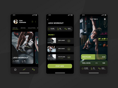 Dark Workout App activity app app design application concept dark theme design exercise flat gym app health interface ios minimal plank sport tracker app typogaphy uiux