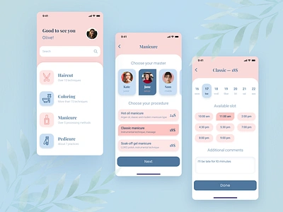 Beauty Bar - Booking App app application beauty beauty salon blue booking calendar concept design figma hair salon haircut interface minimal nail nail salon pink schedule ui