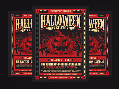 Halloween Party Celebration Flyer autumn catalog clean design flyer flyer modern flyer template freaky halloween halloween party horror indesign magazine moon print printable pumpkin template thriller zombie