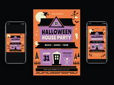 Halloween House Party Event Flyer Set catalog clean design event flyer flyer halloween flyer poster halloween illustration indesign magazine movie october party party event print printable scary template thriller