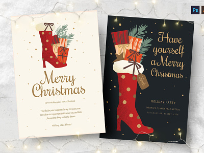 Christmas Card with Festive Stocking boot chrsitmas boot illustration card catalog christmas card clean design festive stocking gifts greatings illustration indesign invite magazine new yeaw print printable santa template xmas