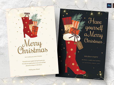 Christmas Card with Festive Stocking boot chrsitmas boot illustration card catalog christmas card clean design festive stocking gifts greatings illustration indesign invite magazine new yeaw print printable santa template xmas