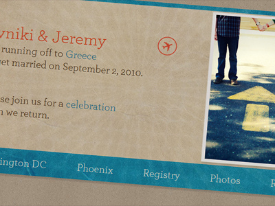e+j get married brown orange paper personal postcard teal website wedding