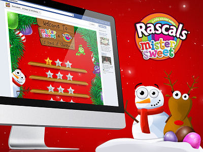 Rascals Christmas Facebook Competition Tab christmas competition facebook illustration interaction design reindeer snowman sweets