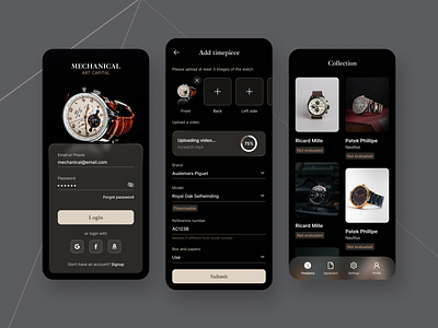 Mechanical Funding App app branding capital card collection commerce dark mode design finance form funding login page mobile app onboarding product detail simple ui ux watch