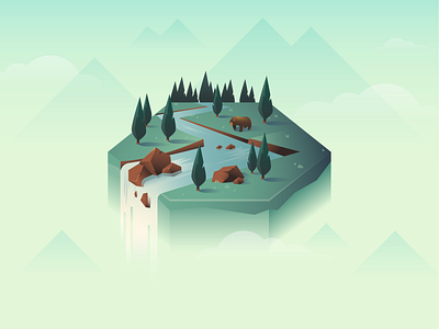 Floating island bear branding catan digital illustration forest green illustration journey tile tree vector waterfall