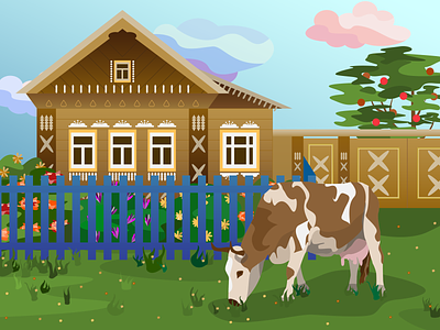 Cow art cow digital drawing flowers graphic house illustration vector village