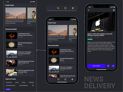 News Delivery App app black design figma minimal news news app trend trending ui uiux ux