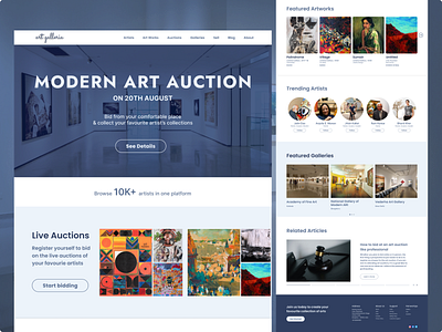 Landing Page for "art galleria - art auction website"