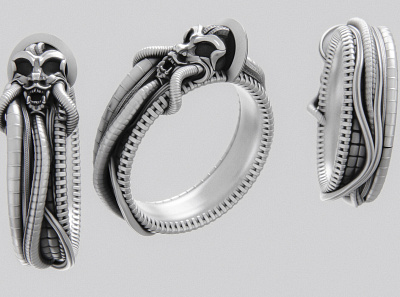Omni cables demon ring branding cad design giger jewelry keyshot moi3d product design ring silver zbrush pixlogic