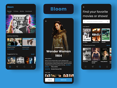 Bloom app design movie streaming tv ui