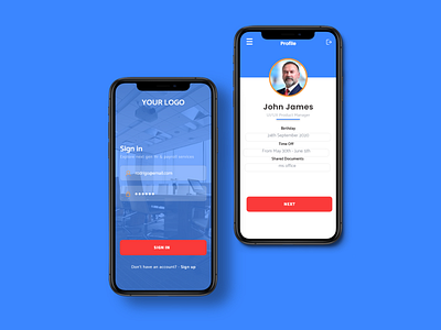 login and profile screens for human resource app