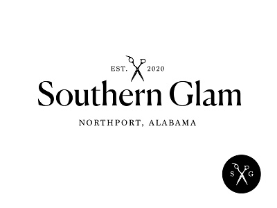 Southern Glam Branding Concept 2020 alabama badge blackandwhite branding clean hair icon logo logodesign northport salon scissor scissors simple