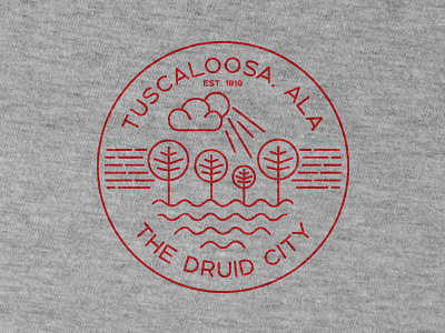 Tuscaloosa: The Druid City II alabama badge bama circle gray illustration line line icon lineart linework minimal red sec simple south southern tee tshirt tuscaloosa