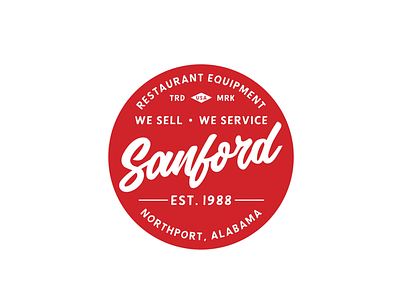 Sanford Restaurant Equipment alabama badge brand branding circle equipment logo northport red restaurant script usa