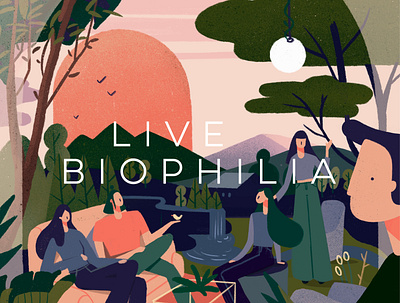Live Biophilia - Illustrated Poster animals biophilia grain graphic home house illustration ipad landascape living mountain nature palette people pink procreate river texture tree house vector