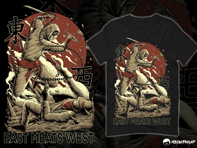 ARTWORK FOR EAST MEATS WEST FOODTRUCK MERCHANDISE apparel artwork for sale clothing cowboy custom illustration design food and baverage illustration japanese logo merch design merchandise ninja restaurant samurai tshirt design tshirt illustration western