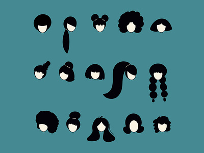 Hairstyles (Girls version) 2d 2d character blue brand branding character characterdesign flat flatdesign hair hairstyle hairstyles illustration minimal procreate vector