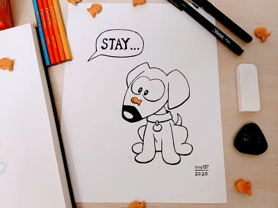 Stay... - Inktober 2020 - Day 1 - Fish art dog drawing fish goldfish ink inking inktober inktober2020 puppy sketch snack treat