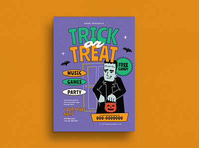 Trick Or Treat Flyer 90s candy children flyer flyer template frankestein halloween flyer kids party poster posters print template trick or treat trickortreat vector vector illustration zombie