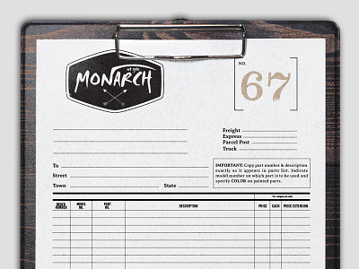 Monarch Motorcycles - Parts Order Form clipboard layout motorcycle stamp type wood