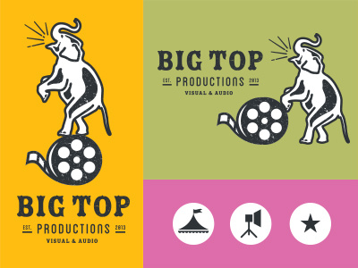 Big Top Productions logo big top circus color design elephant retro typography