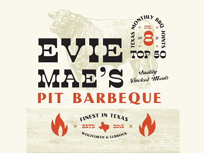 Evie Mae's - Top 50 BBQ Joints barbecue bbq branding fire illustration logo retro smoke texas texture typography vintage