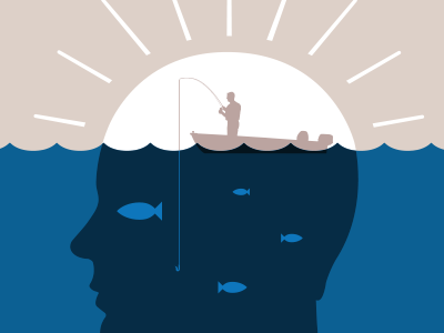 Fishing for ideas... blue boat brain design duality fisheye fishing hook illustration mind person sun
