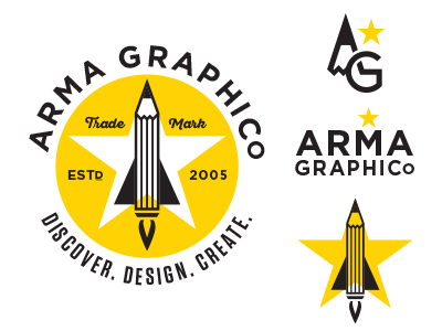 Arma Graphico logos black design graphic logo pencil rocket star typography weapon yellow