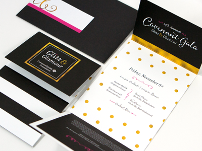 Covenant Foundation Gala Collateral black collateral design gala glamour glitz gold high end invitation pink typography white