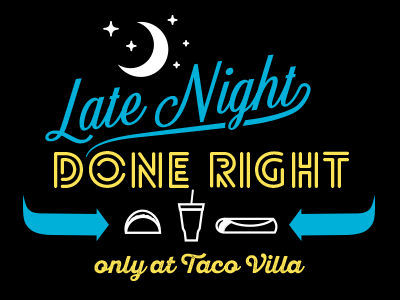 Late Night T-shirt #1 burrito drink icons illustration late moon neon night sign stars taco typography