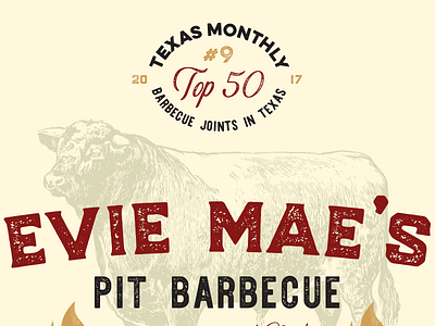 Evie Mae's Barbecue Re-Brand barbecue bbq cow engraving fire logo pig texas texture turkey typography