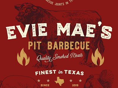 Evie Mae's Barbecue #2 barbecue bbq cow engraving fire logo pig texas texture turkey typography