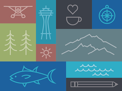 SCUP Seattle Icon set branding coffee compass fish icons illustration mono line pencil sea plane seattle space needle sun waves