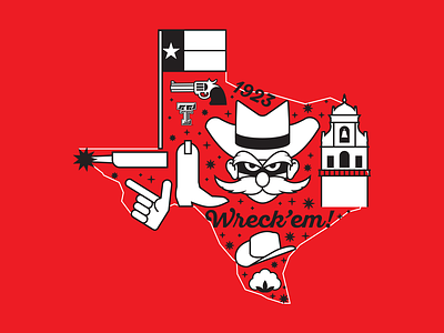 Texas Tech University Branded T-shirt bell tower cotton cowboy cowboy hat gun icons illustration raider red spur texas texas tech tshirt university